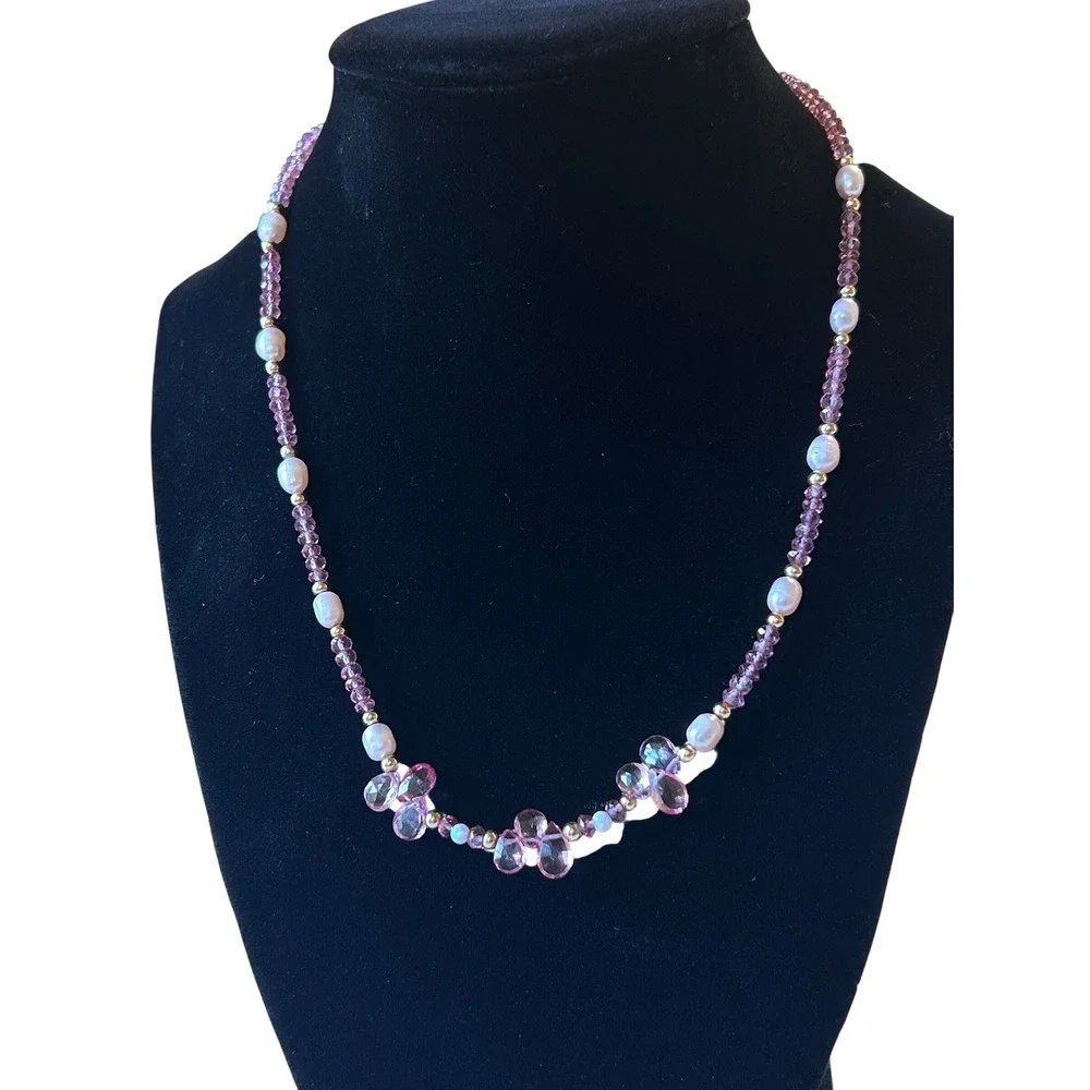Beaded Necklace Pink Tourmaline Pearl Opal Gold- filled Clasp 16-18